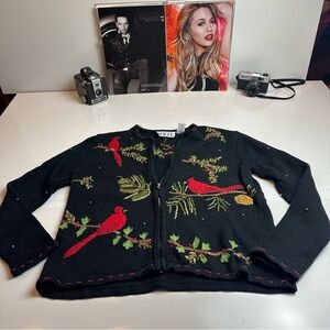 KEREN hart Black Sweater with Red and Green Embroidery